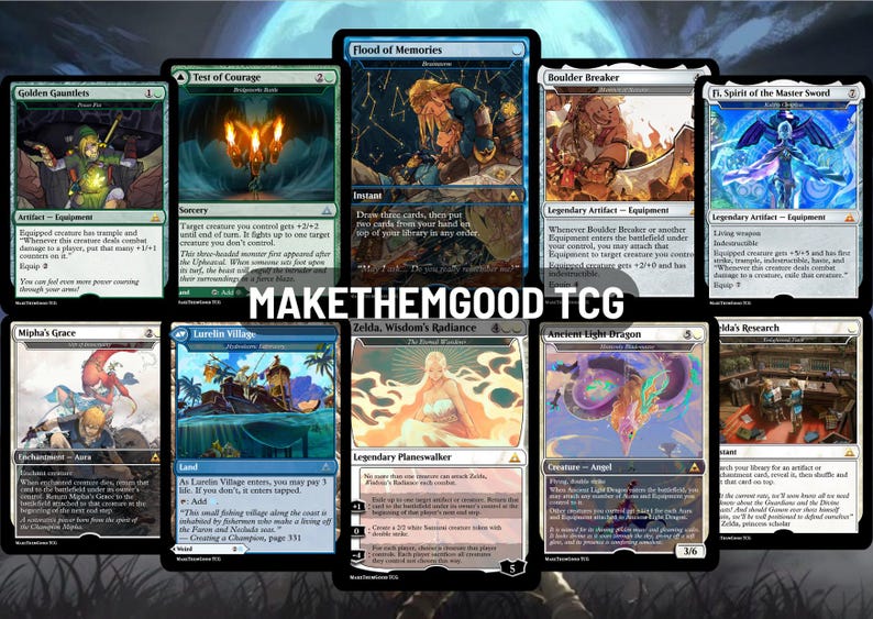 May include: A collection of Magic: The Gathering trading cards, featuring various card types like artifacts, sorceries, and creatures. The cards display colorful illustrations and text, with the text "MAKETHEMGOOD TCG" visible.