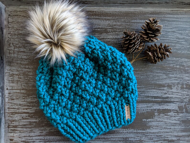 Solid Knit Hat with Pom Poppy Knit Hat Adult Knit Hat Slouch Beanie Faux Fur Pom Textured Hat