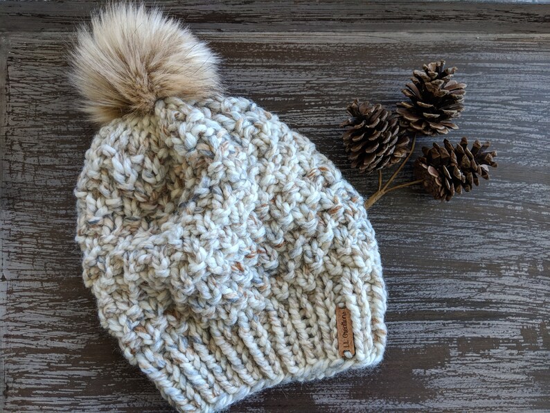 Solid Knit Hat with Pom Poppy Knit Hat Adult Knit Hat Slouch Beanie Faux Fur Pom Textured Hat