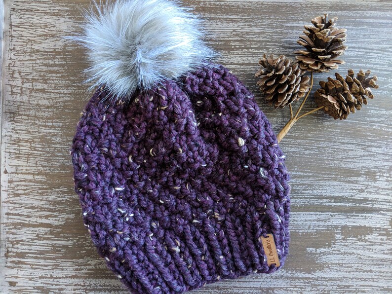 Solid Knit Hat with Pom Poppy Knit Hat Adult Knit Hat Slouch Beanie Faux Fur Pom Textured Hat