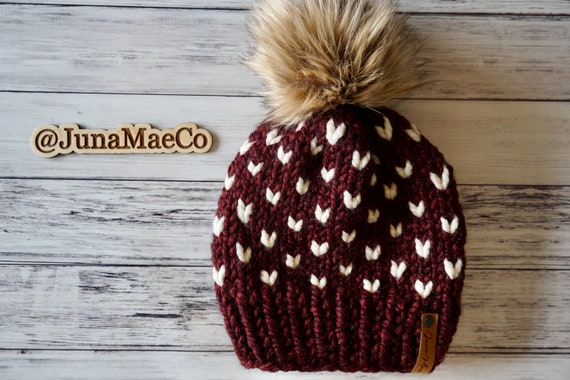 Chunky Knit Hat, Chunky Knit Beanie, Wool Blend Adult Hat, Faux Fur Pom Pom Hat, Beanie, Winter, Cozy Beanie, Little Hearts Hat,Heart Beanie
