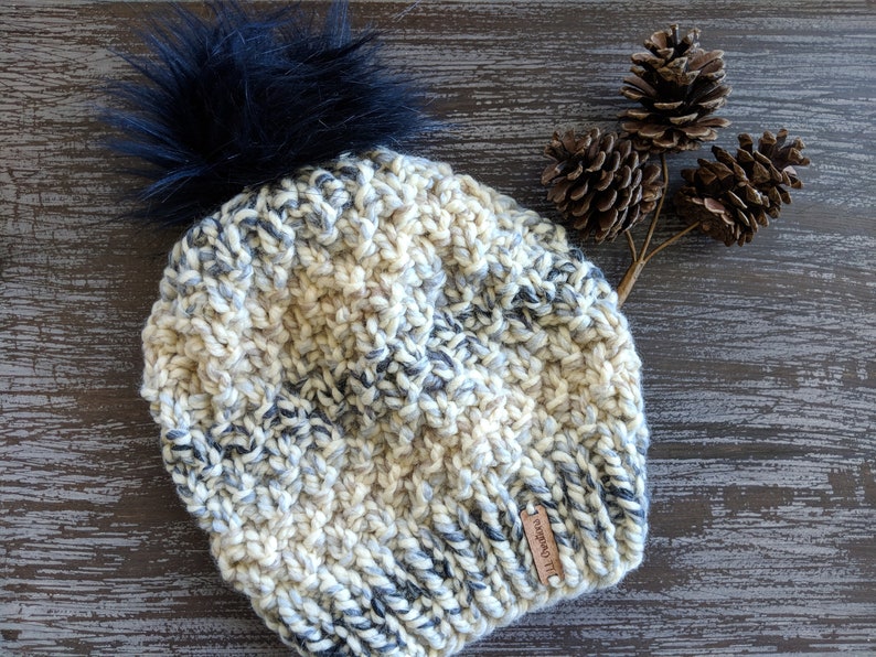 Solid Knit Hat with Pom Poppy Knit Hat Adult Knit Hat Slouch Beanie Faux Fur Pom Textured Hat
