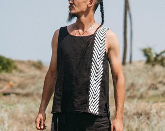 Mens Boho Vest Top ∆ Organic Cotton Clothing Tank Top ∆ Festival Clothes Rave Shirt ∆ Tribal Tunic Men ∆ Tulum Boho Outfit / Black