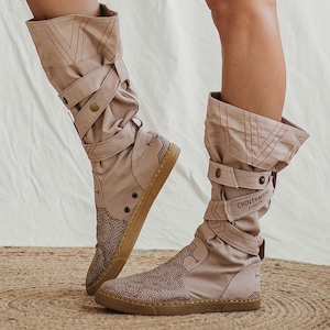 Beige Vegan Shoes ∆ Canvas High Boots Women ∆ Tribal Wrap Shoes ∆ Playa Outfit Man Cotton Boho Boots ∆ Goa Ibiza Gypsy Style image 1