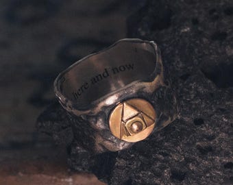ALCHEMY Sterling Silver Hammered Ring w 18K Gold ∆ Oxidized Wide Ring Textured ∆ Alchemist Jewelry ∆ Alchemical Symbol Rustic