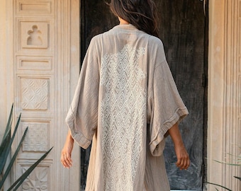 Kimono-Bademantel aus Rohbaumwolle ∆ Boho-Wickelcardigan für Damen ∆ Maxi-Boho-Kimono-Jacke ∆ Kleidung im Gypsy-Stil ∆ Ibiza Cape Strand-Cover-up / Salbei