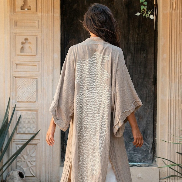 Raw Cotton Kimono Robe ∆ Frauen Boho Wrap Cardigan Top ∆ Maxi Boho Kimono Jacke ∆ Gypsystyle Kleidung ∆ Ibiza Cape Strand Cover Up / Sage