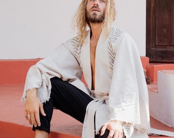 Kimono da uomo in cotone biologico ∆ Vestaglia da uomo Boho ∆ Cardigan kimono ∆ Cappotto avvolgente con frange e schiena strappata ∆ Giacca kimono Jedi Desert Man / Grigio