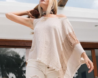 Asymmetrical Boho Top ∆ Cotton Poncho Women Oversized Tshirt ∆ Raw Cotton Tunic ∆ Organic Clothing Hippie Tee Shirt ∆ Ripped Blouse / Beige