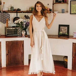 White Maxi Dress ∆ Simple Hippie Wedding Dress Boho ∆ Festival Clothes Summer Goddess Dress ∆ Eco Raw Cotton Fringe Halter Dress / Off White