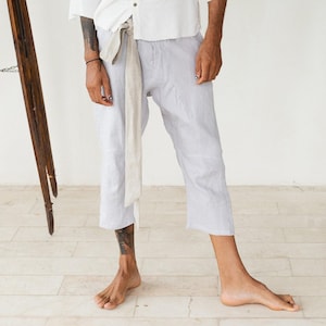 Mens Linen Pants 3/4 ∆ Cropped Loose Boho Clothing ∆ Capri Harem Shorts ∆ Male Flax Trousers ∆ Streetwear Hipster Pants / Gray