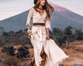 Wrap Boho Dress Women ∆ White Maxi Dress 3/4 Sleeve ∆ Organic Clothing ∆ Wedding Bohemian Dress ∆ Long Fringe Raw Cotton Dress /Off White