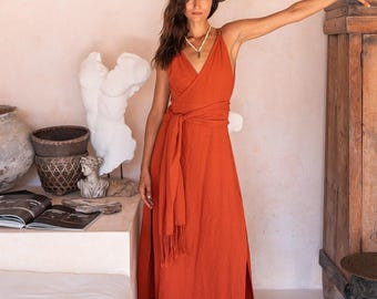 orange peasant dress Apricot Oversize With Crochet Detail 45 inches 2X Organic Cotton Wrap Dress: Burnt