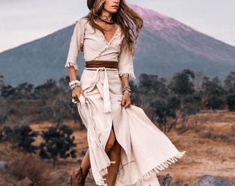 Wrap Boho Dress Women ∆ White Maxi Dress 3/4 Sleeve ∆ Organic Clothing Wedding Western Dress ∆ Long Fringe Raw Cotton Dress