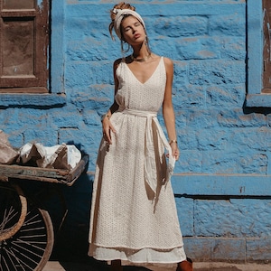 White Boho Dress ∆ Summer Organic Cotton Clothing Double Layer Maxi Dress ∆ Simple Modest Wedding Dress ∆ Goddess Gown / Off White