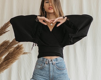 Wrap Kimono Top ∆ Boho Clothing Women Blouse ∆ Wide Sleeve Boho Top ∆ Goddess Crop Top ∆ Pagan Tribal Fringe Top ∆ Organic Clothes / Black