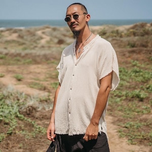White Boho Button Shirt for Men ∆ Raw Cotton Festival Shirt ∆ Bohemian Clothing ∆ Nomad Outfit Hippie Summer Top ∆ Fringe Tunic / Off White