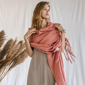 Pink Fringe Boho Shawl Scarf ∆ Bohemian Clothing Women Raw Cotton Wedding Shawl ∆ Organic Huge Sustainable Organic Wrap Cover Up / Soft Pink