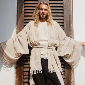 Beige katoenen kimono ∆ Boho kleding voor heren ∆ Hippie kimono vest ∆ Asymmetrische tuniek ∆ Jedi-gewaad ∆ Boho festival cyberpunk outfit afbeelding 1