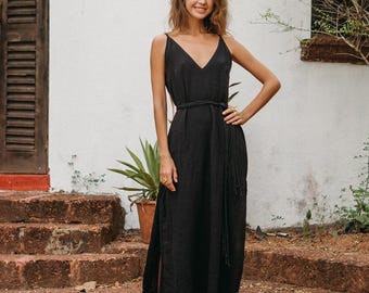 Schwarzes Ballkleid ∆ Cocktail-Maxikleider für Damen ∆ Boho-Kleidung, formelles Party-Abendkleid ∆ Rückenfreies, sexy Baumwoll-Slipkleid / Schwarz