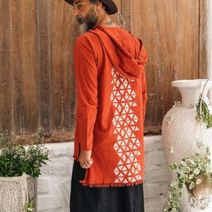 Hooded Cardigan Men ∆ Raw Cotton Button Hoodie ∆ Long Festival Shirt ∆ Nomad Duster Jacket  Top / Red Ochre