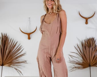 Dusty Pink Linen Jumpsuit Women ∆ Organic Clothing ∆ Natural Linen Overalls ∆ Long Jumpsuit Romper ∆ Linen Tank Overall with Back Zip