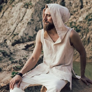 Chemise à capuche pour homme en coton brut Débardeur long blanc pour homme Gilet bohème à grande capuche ∆ Vêtements homme Boho oversize Playa Festival / Blanc cassé