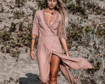 Long Bohemian Dress ∆ Boho Maxi Wrap Dress ∆ Goddess Organic Cotton Fringe Dress ∆ Chintamani Raw Natural Dress ∆ Boho Wedding / Dusty Pink