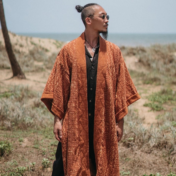 Herren Boho Kimono Strickjacke ∆ Roh Baumwolle Festival Kimono Robe ∆ Desert Man Kleidung Frühling Kaftan Wickeljacke ∆ Nomaden Beduinen Outfit / Rusty