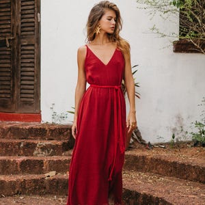 Backless Red Maxi Dress ∆ Cocktail Summer Dress ∆ Festival Prom Dress ∆ Elegant Goddess Halter Dress ∆ Vneck Cotton Fringe Dress / Red Ochre