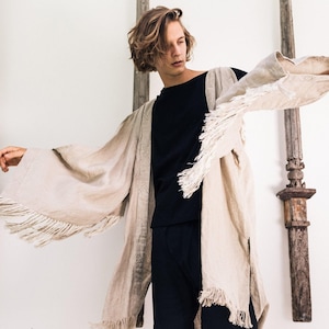 Linen Boho Kimono Jacket ∆ Fringe Bohemian Clothing ∆ Mens Kimono Robe ∆ Boho Cardigan ∆ Wide Sleeve Linen Clothes ∆ Men Wrap Top / Grey