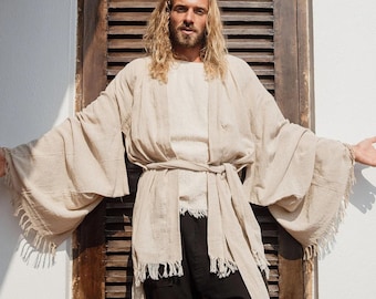 Beige bomulls kimono-morgonrock ∆ Herr Boho-kläder ∆ Hippie Jedi-kofta ∆ Asymmetrisk tunika Festival Cyberpunk-outfit