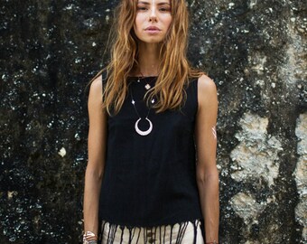 Black Boho Fringe Top ∆ Raw Cotton Bohemian Clothing ∆ Organic Blouse Bio ∆ Chintamani Hippie Eco Top / Black
