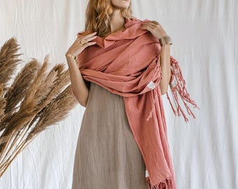 Pink Fringe Boho Shawl Scarf ∆ Bohemian Clothing Women Raw Cotton Wedding Shawl ∆ Organic Huge Sustainable Organic Wrap Cover Up / Soft Pink