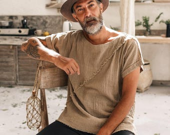 Mens Boho Shirt ∆ Raw Cotton Hippie Tshirt Boho Mens Clothing ∆ Man Festival Clothes Organic Vegan Tee Shirt ∆ Eco Comfy Tribal Top / Sage