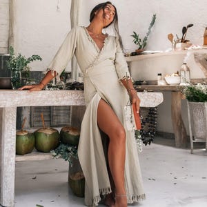 Long Boho Wrap Dress Women ∆ Boho Clothing Maxi Dress ∆ Organic Bohemian Dress ∆ Fringe Robe Cotton Dress Gown ∆ Summer Goddess Dress / Sage