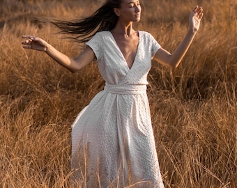 White Organic Wrap Dress ∆ Maxi Dress Short Sleeve ∆ Boho Clothing Women ∆ Bohemian Wedding Dress ∆ Ceremony Embroidered Dress / Off White