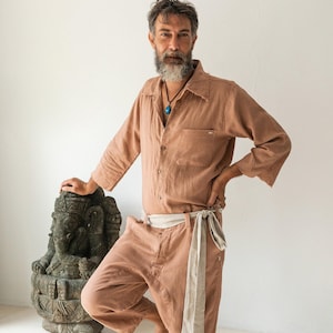 Mens Jumpsuit 3/4 ∆ Linen Overalls ∆ Men Boho Clothing Comfy Boiler Suit ∆ Casual Romper Male Long Sleeve Linen Coverall Outfit / Dusty Pink