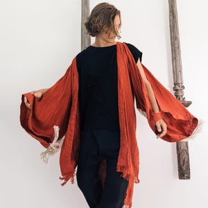 Linen Kimono Robe ∆ Mens Cardigan Boho Clothing ∆ Bohemian Robe Fringe Kimono Jacket ∆ Nomad Flax Clothes ∆ Long Wrap Top Linen / Red Ochre