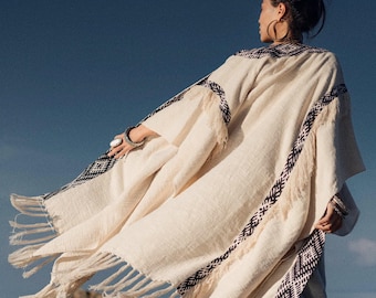 Boho Poncho Kimono Jacket ∆ Festival Clothing Women Cardigan Robe ∆ Hippie Clothes Ceremony Burning Outfit Desert Cover Up Coat / Off White