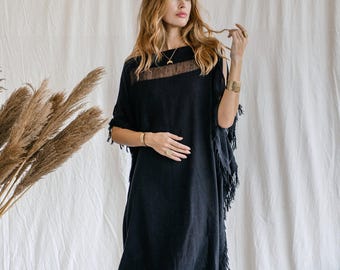 Black Boho Dress ∆ Bohemian Poncho Top ∆ Womens Festival Clothing Ceremony Dress ∆ Summer Kaftan Tunic Dress ∆ Oversized Loose Gown / Black