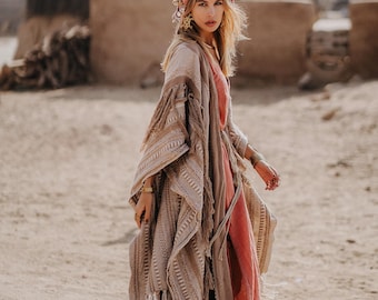 Tassel Fringe Poncho ∆ Ceremony Robe Festival Outfit ∆ Women Clothes Boho Kimono ∆ Bohemian Cardigan Wrap ∆ Chintamani Huge Ponchos / Coffee