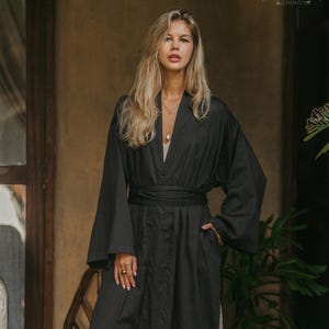 Satin Kimono Robe Organic Cotton ∆ Boho Festival Coat ∆ Black Maxi Cardigan ∆ Ceremony Wrap ∆ Eco Kimono Jacket for Women / Black