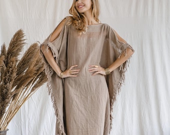 Boho Poncho Beach Dress ∆ Women Hippie Festival Outfit Priestess Dress ∆ Summer Tunic Coverup ∆ Lounge Wear Patio Gown / Coffee