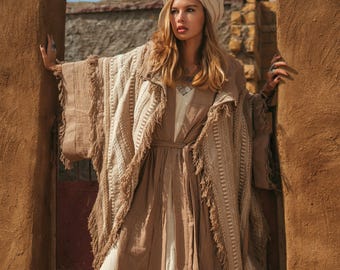 Cappotto poncho con frange ∆ Abbigliamento boho da donna Kimono vestaglia ∆ Outfit da festival uomo del deserto Cardigan avvolgente boho ∆ Abiti da cerimonia Top / Caffè