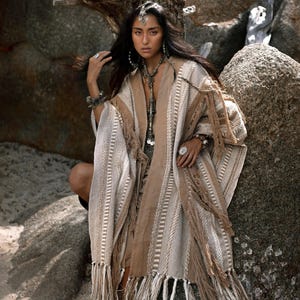 Tassel Fringe Poncho ∆ Ceremony Robe Festival Outfit ∆ Women Clothes Boho Kimono ∆ Huge Bohemian Cardigan Wrap by Chintamani / Coffee