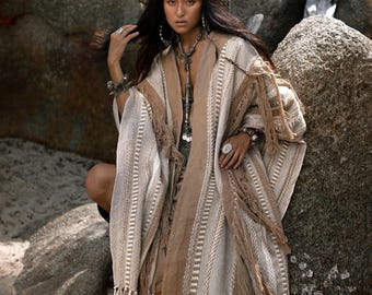 Tassel Fringe Poncho ∆ Ceremony Robe Festival Outfit ∆ Women Clothes Boho Kimono ∆ Huge Bohemian Cardigan Wrap by Chintamani / Coffee