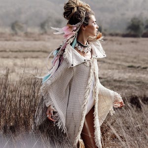 Festival Poncho Coat Women ∆ Boho Clothing Kimono Jacket ∆ Bohemian Cardigan Robe ∆ Desert Man Festival Gown Oversized Wrap Cloak/ Off White