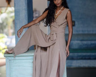 Bohemian Wrap Dress ∆ Boho Goddess Clothing Women Kimono Gown ∆ Earthy Dress ∆ Sustainable Fashion Clothes Raw Cotton Belted Robe / Coffee