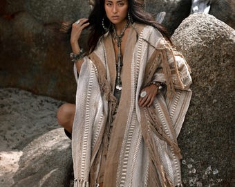 Tassel Fringe Poncho ∆ Ceremony Robe Festival Outfit ∆ Women Clothes Boho Kimono ∆ Huge Bohemian Cardigan Wrap by Chintamani / Coffee